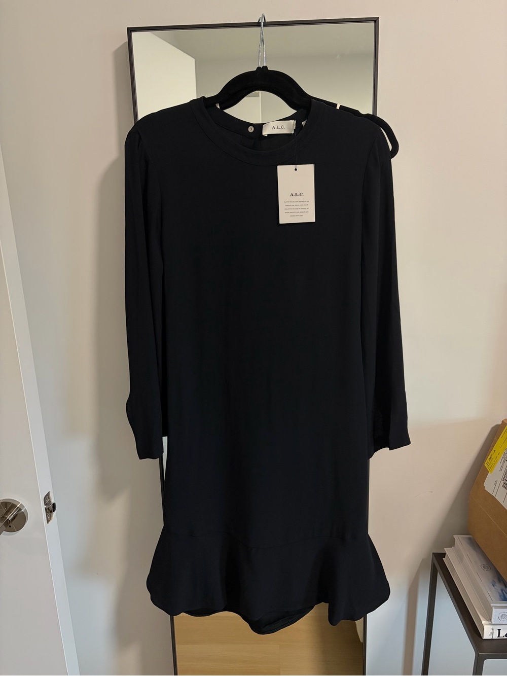 NWT A.L.C. Savannah Half Buckle Belt Long sleeve mini dress with ruffle hem